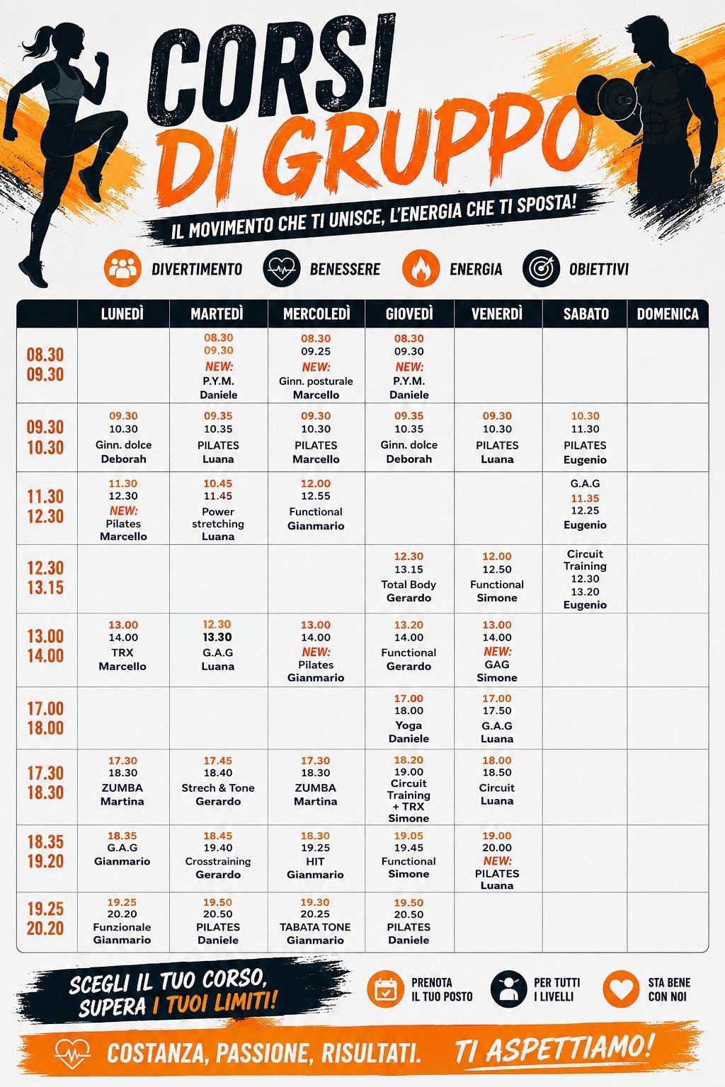 Orario corsi di gruppo A.S.D. Club 32 dal lunedì al sabato: pilates, zumba, functional, G.A.G, yoga, circuit training e altro