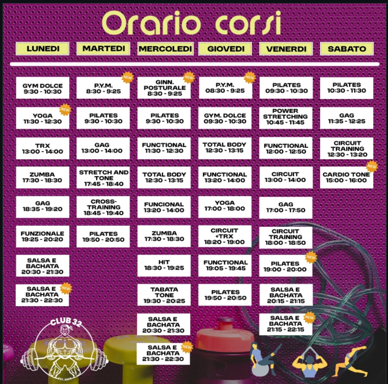 Orario corsi A.S.D. Club 32 dal lunedì al sabato